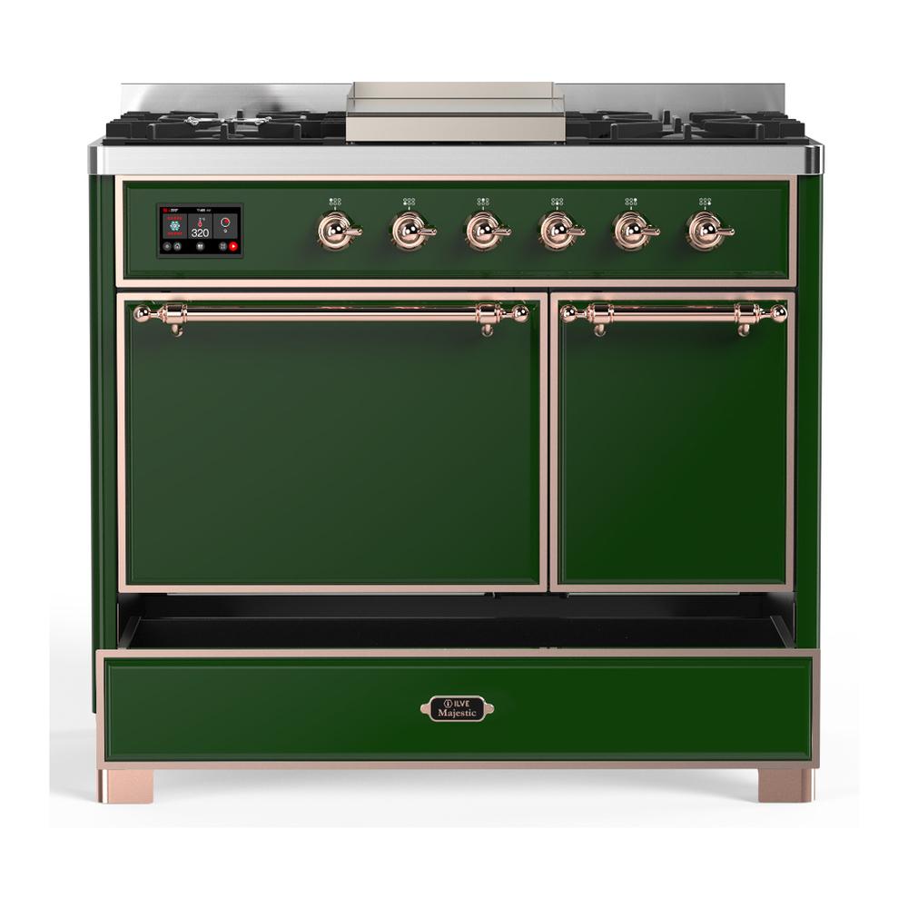 ILVE UMD40FQNR3EGPLP Majestic III 40 inch Dual Fuel Range with 6 Burners and Griddle, Dual Function Burner up to 25,000 BTU (Liquid Propane, Solid Door, Emerald Green, Copper)