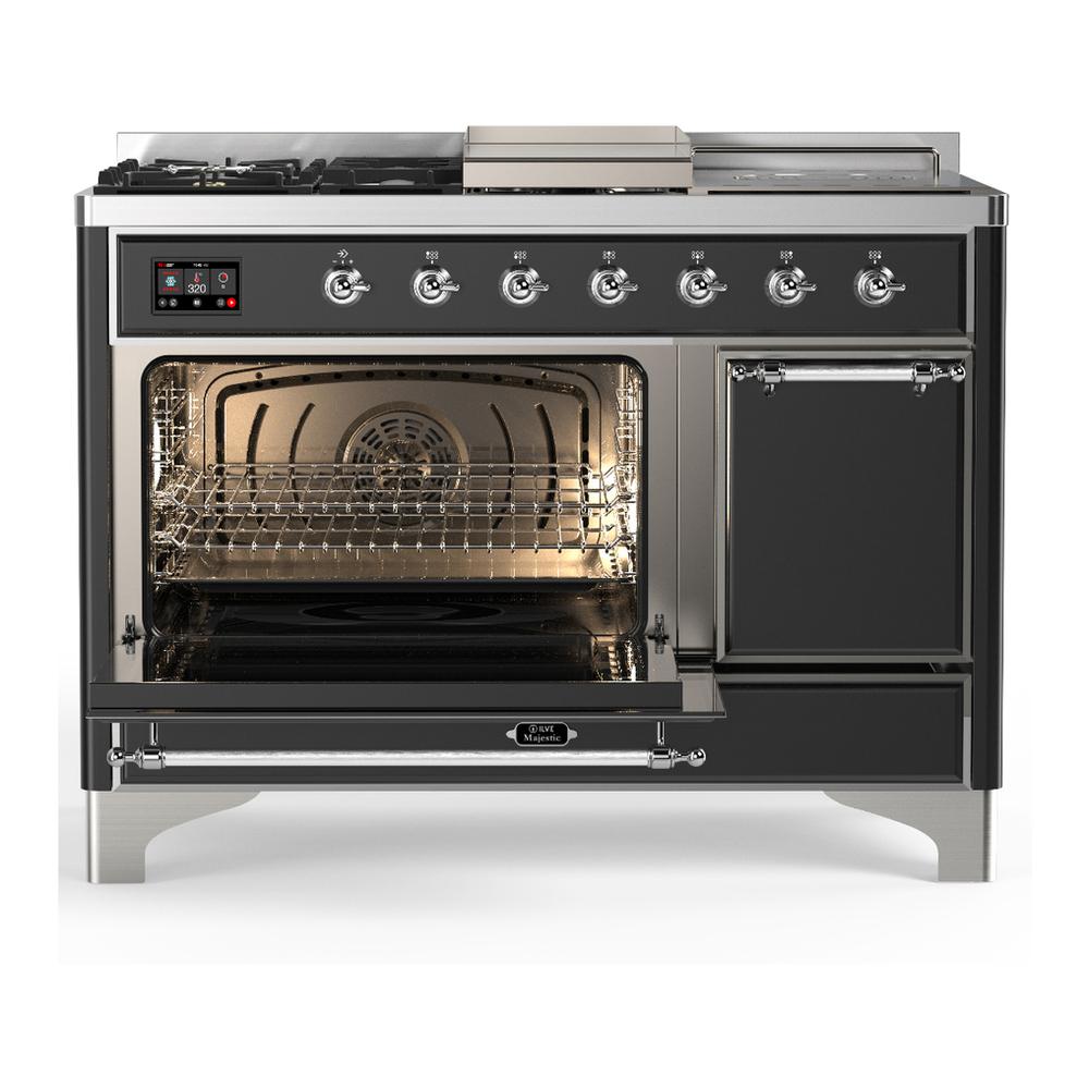 ILVE UM48FSQNR3MGC Majestic III 48 inch Dual Fuel Range with 5 Black Brass Burners, Griddle and French Top, Dual Function Burner up to 25,000 BTU (Natural Gas, Solid Door, Graphite Matte, Chrome)