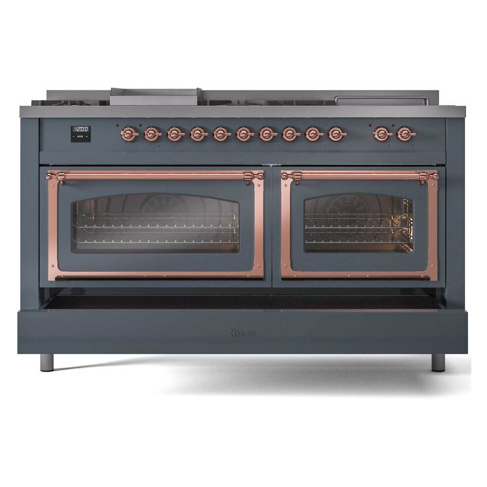 ILVE UN60FSNMPBGP Nostalgie II Noblesse 60 inch Dual Fuel Range (7 Sealed Burners + Griddle + French Top, Natural Gas, Triple Glass Door, Blue Grey, Copper)
