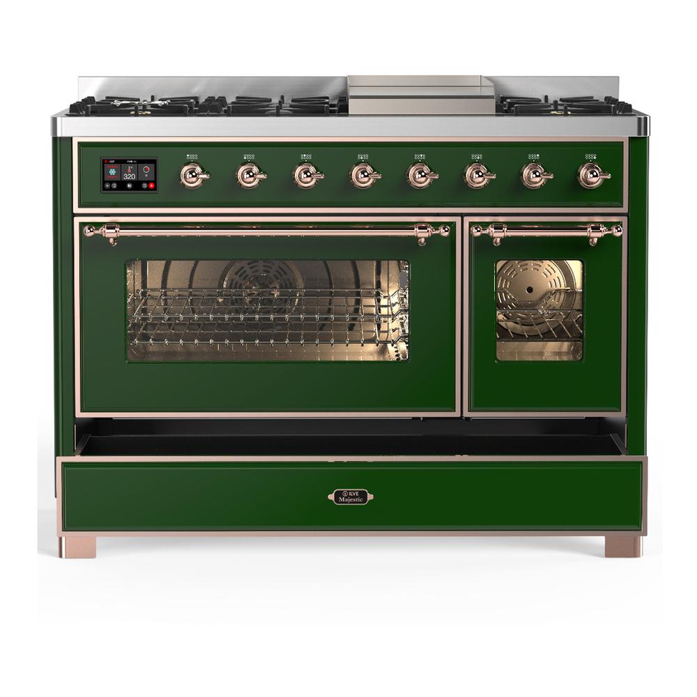 ILVE UM48FNR3EGPLP Majestic III 48 inch Dual Fuel Range with 8 Burners and Griddle, Dual Function Burner up to 25,000 BTU (Liquid Propane, Triple Glass Door, Emerald Green, Copper)
