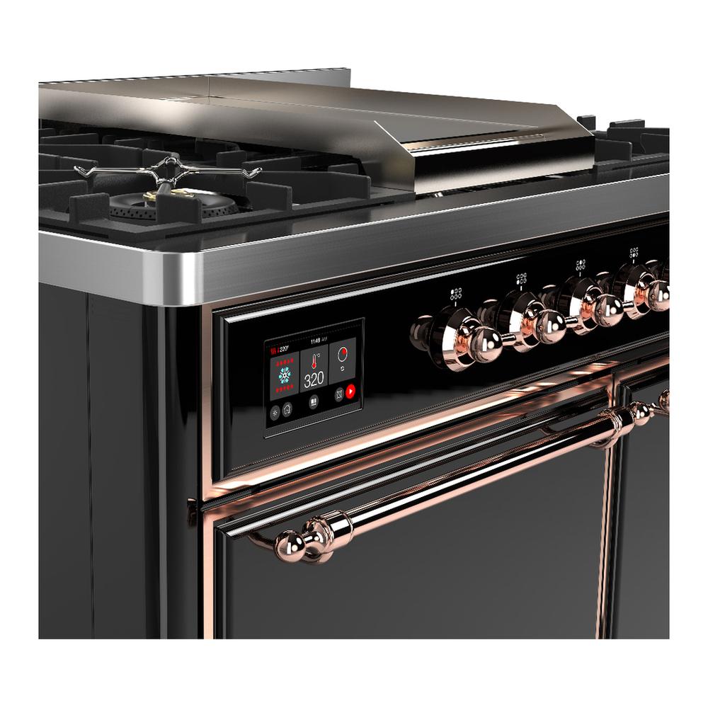 ILVE UMD40FQNR3BKP Majestic III 40 inch Dual Fuel Range with 6 Burners and Griddle, Dual Function Burner up to 25,000 BTU (Natural Gas, Solid Door, Glossy Black, Copper)