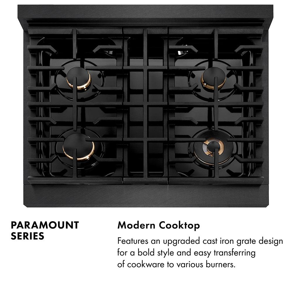 ZLINE Designer Collection 30 in. 4.2 cu. ft. Paramount Dual Fuel Range with 4 Burner Gas Cooktop and Electric Convection Oven in Black Satin Stainless Steel with Matte Black and Champagne Bronze Accents (SDRBSZ-30-MBCB)