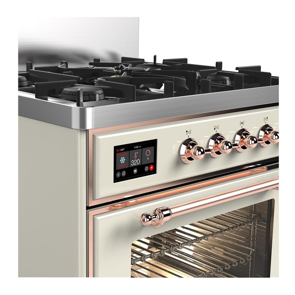 ILVE UM30NR3AWPLP Majestic III 30 inch Dual Fuel Range with 5 Black Brass Burners, Dual Function Burner up to 25,000 BTU (Liquid Propane, Triple Glass Door, Antique White, Copper)