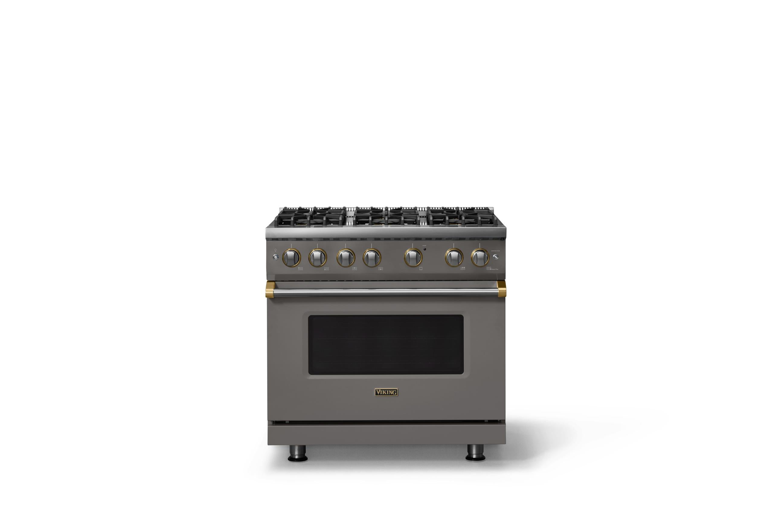 36"W. Sealed Burner Gas Range (Burner: 6b, Finish: Damascus Gray, Trim: Brushed Brass, Fuel: Propane)