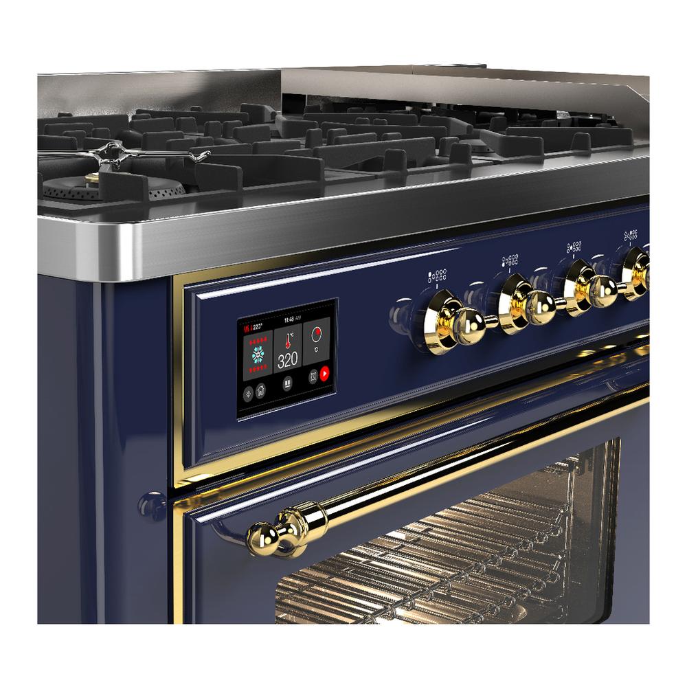 ILVE UM60FNR3MBG Majestic III 60 inch Dual Fuel Range with 9 Burners and Griddle, Dual Function Burner up to 25,000 BTU (Natural Gas, Triple Glass Door, Midnight Blue, Brass)