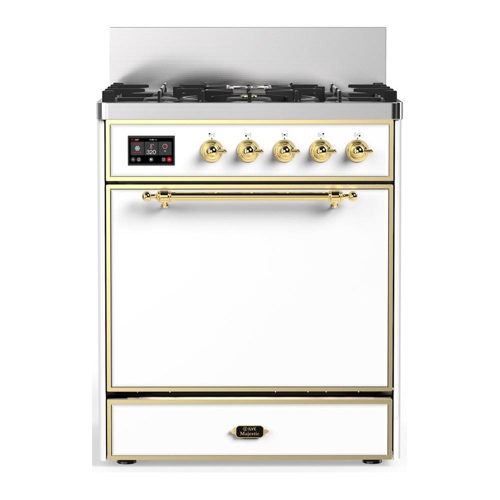 ILVE UM30QNR3WHGLP Majestic III 30 inch Dual Fuel Range with 5 Black Brass Burners, Dual Function Burner up to 25,000 BTU (Liquid Propane, Solid Door, White, Brass)