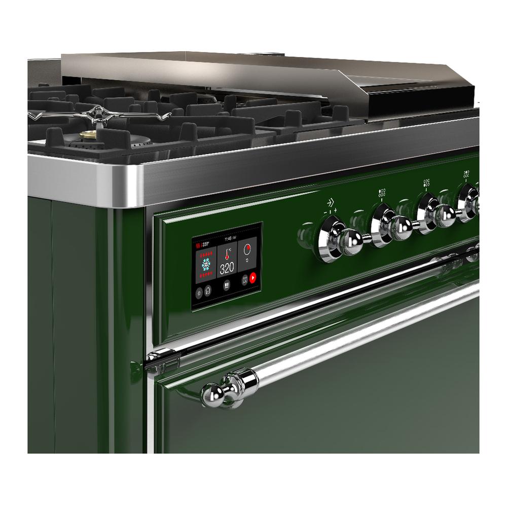ILVE UM48FSQNR3EGC Majestic III 48 inch Dual Fuel Range with 5 Black Brass Burners, Griddle and French Top, Dual Function Burner up to 25,000 BTU (Natural Gas, Solid Door, Emerald Green, Chrome)