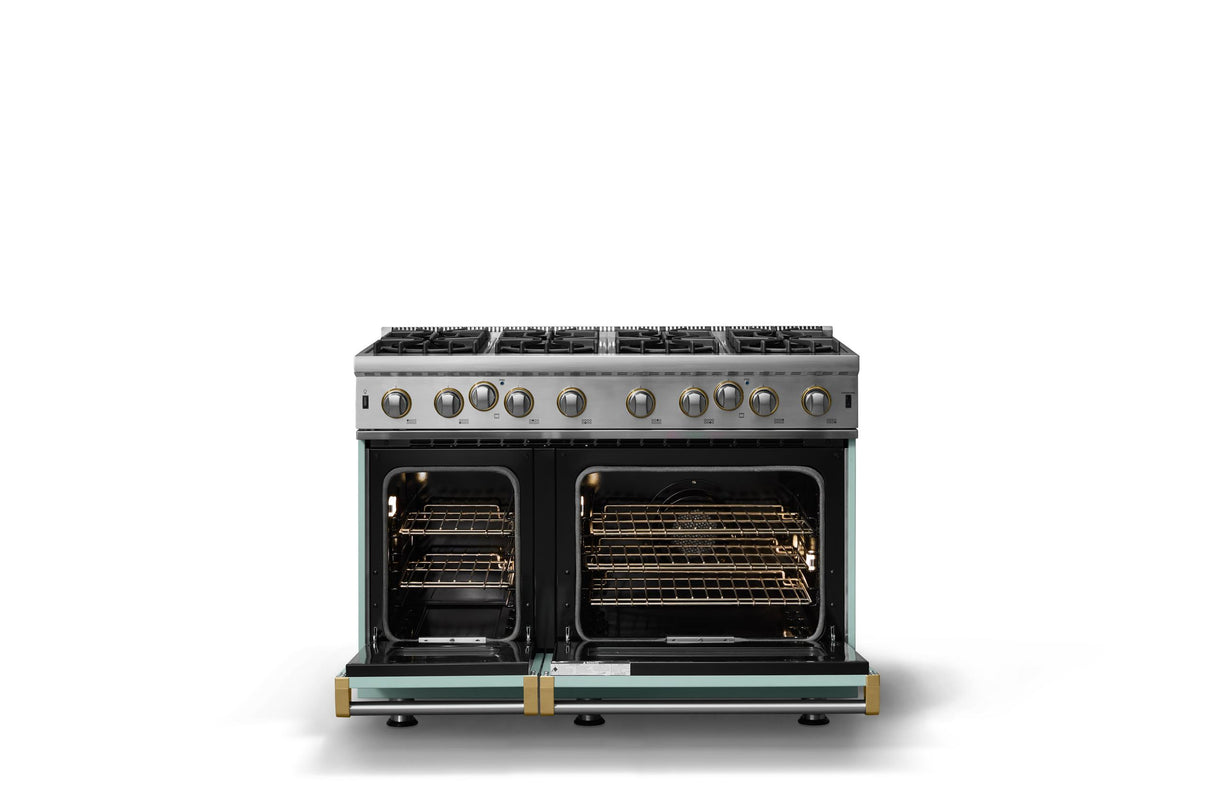 48"W. Open Burner Gas Range (Finish: Splash, Trim: Brushed Brass, Fuel: Propane)