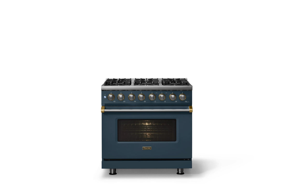 36"W. Dual Fuel Range (Burner: 6b, Finish: Squall, Trim: Brushed Brass, Fuel: Propane)