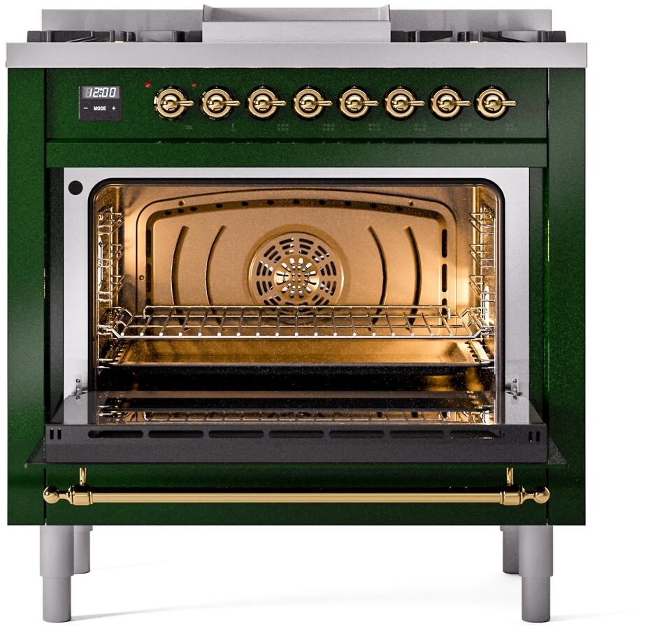 Nostalgie II 36 Inch Dual Fuel Natural Gas Freestanding Range in Emerald Green with Brass Trim