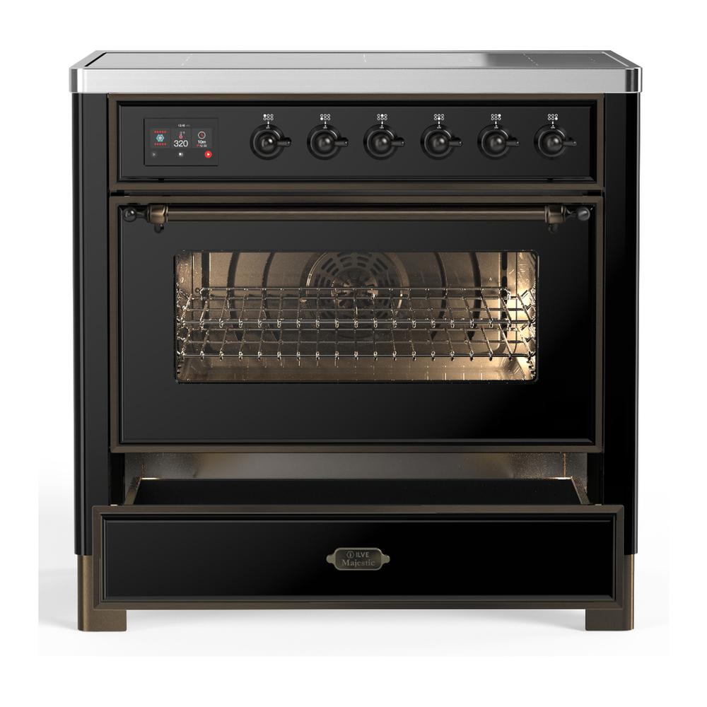 ILVE UMIB36NR3BKB Majestic III 36 inch Induction Range with 6 Elements, 3.5 cu. ft. Total Oven Capacity (Triple Glass Door, Glossy Black, Burnished)