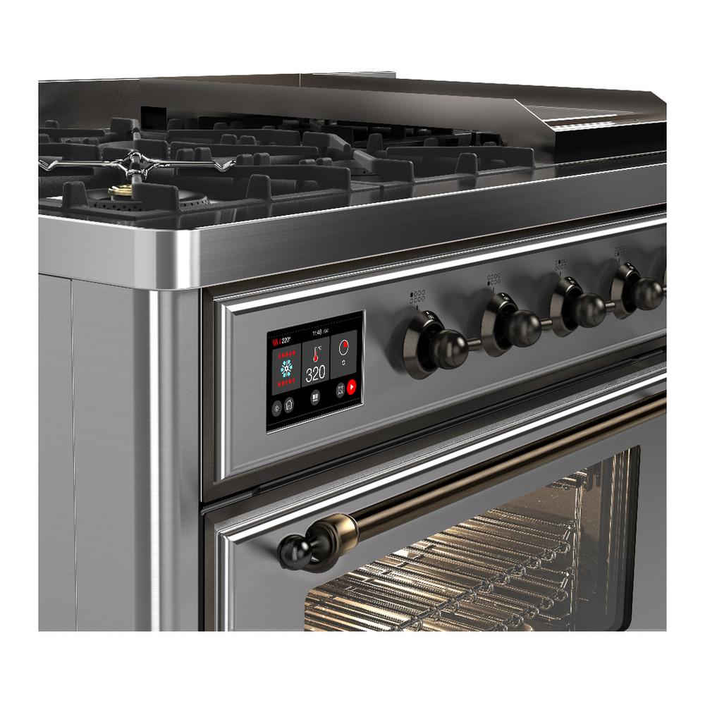 ILVE UM48FNR3SSB Majestic III 48 inch Dual Fuel Range with 8 Burners and Griddle, Dual Function Burner up to 25,000 BTU (Natural Gas, Triple Glass Door, Stainless Steel, Burnished)