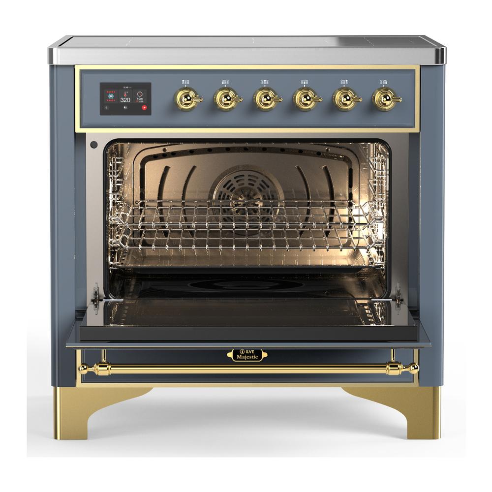 ILVE UMIB36QNR3BGG Majestic III 36 inch Induction Range with 6 Elements, 3.5 cu. ft. Total Oven Capacity (Solid Door, Blue Grey, Brass)