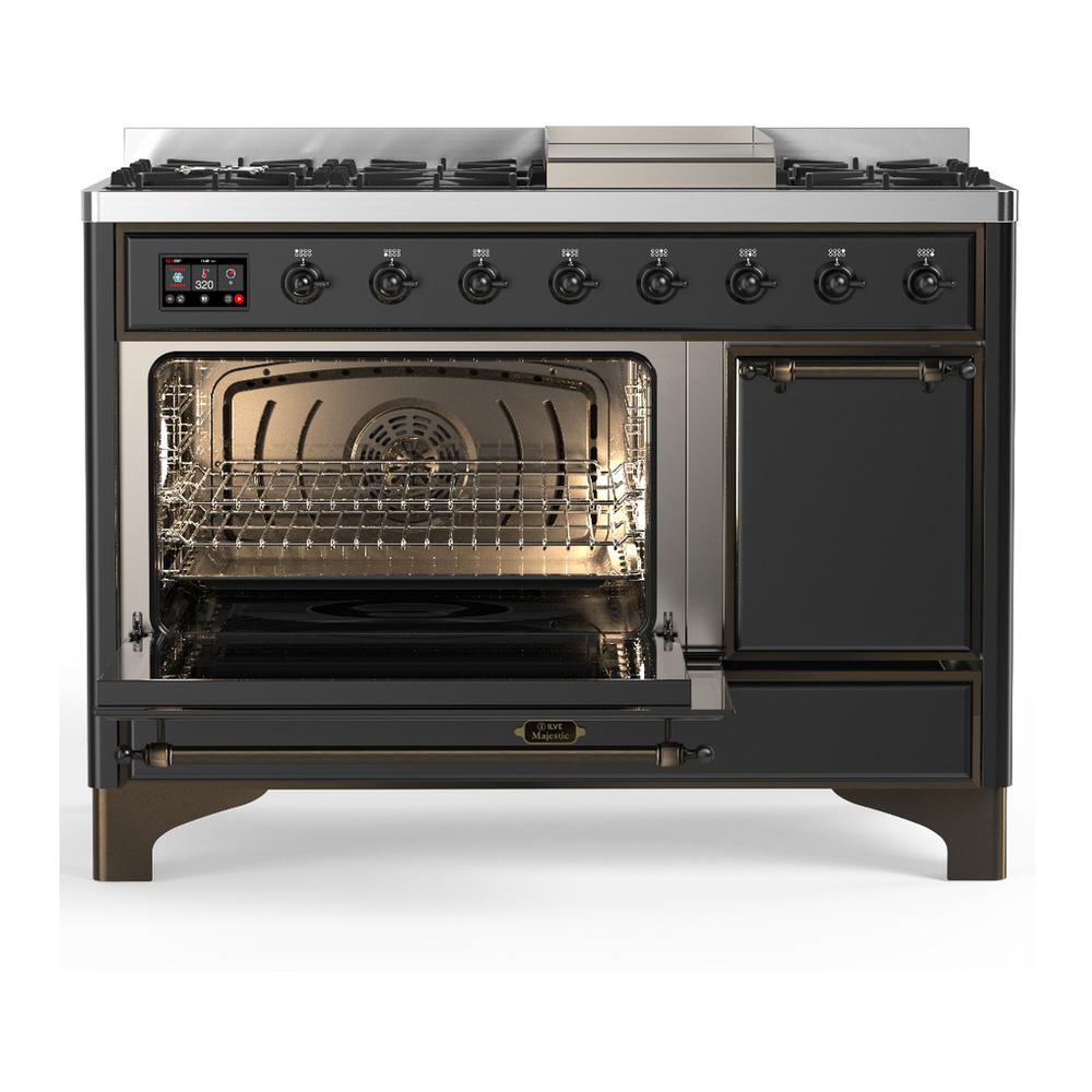 ILVE UM48FQNR3MGBLP Majestic III 48 inch Dual Fuel Range with 8 Burners and Griddle, Dual Function Burner up to 25,000 BTU (Liquid Propane, Solid Door, Graphite Matte, Burnished)