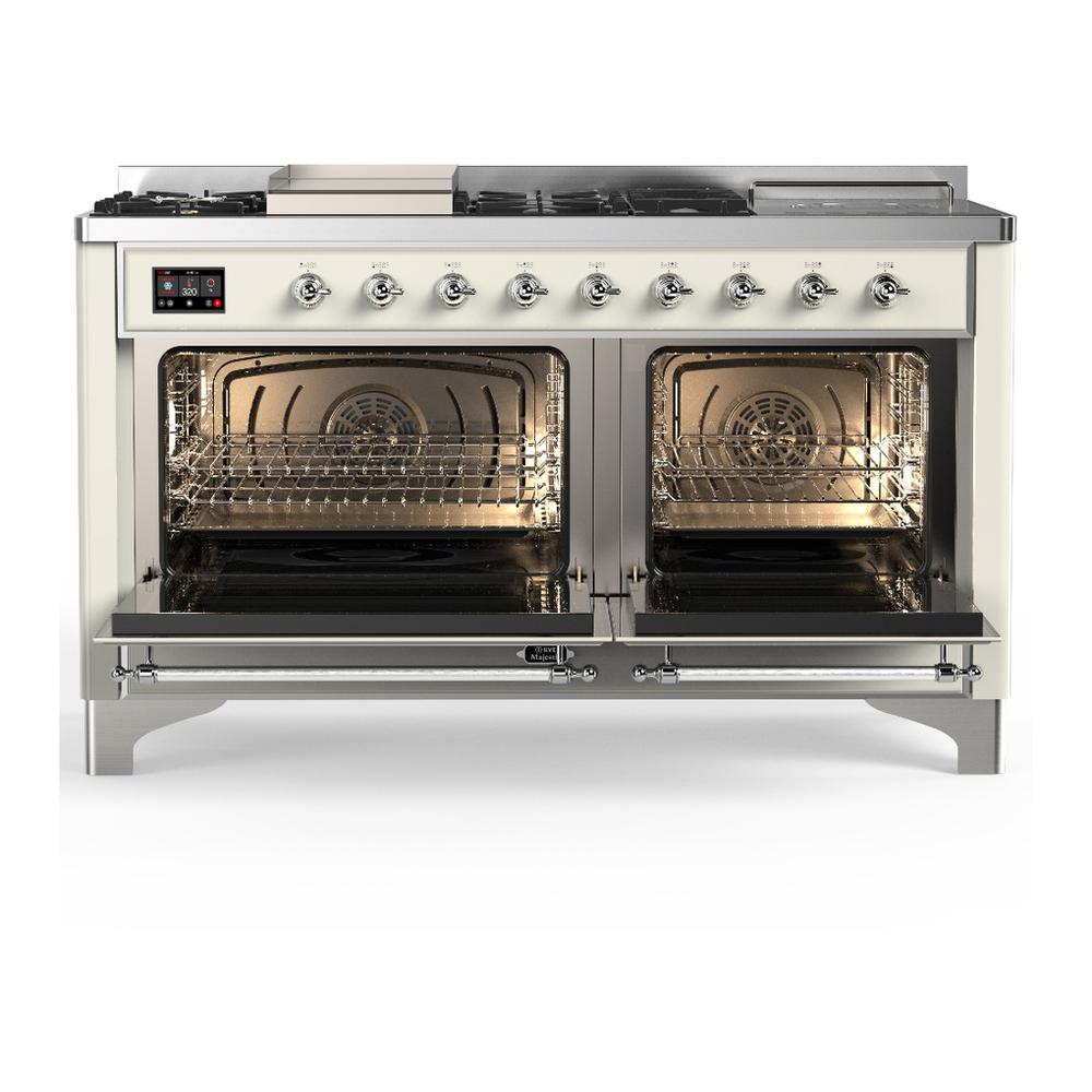 ILVE UM60FSQNR3AWCLP Majestic III 60 inch Dual Fuel Range with 7 Burners, Griddle and French Top, Dual Function Burner with up to 25,000 BTU (Liquid Propane, Solid Door, Antique White, Chrome)