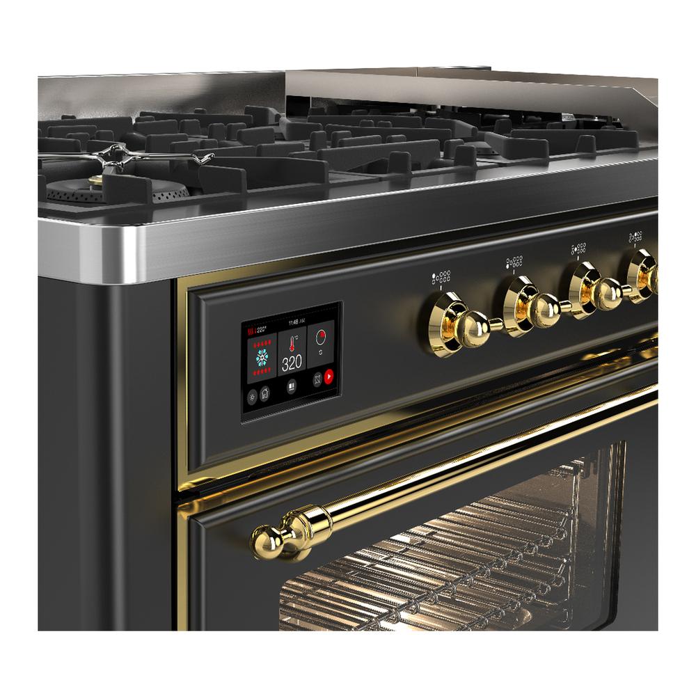 ILVE UM60FNR3MGG Majestic III 60 inch Dual Fuel Range with 9 Burners and Griddle, Dual Function Burner up to 25,000 BTU (Natural Gas, Triple Glass Door, Graphite Matte, Brass)
