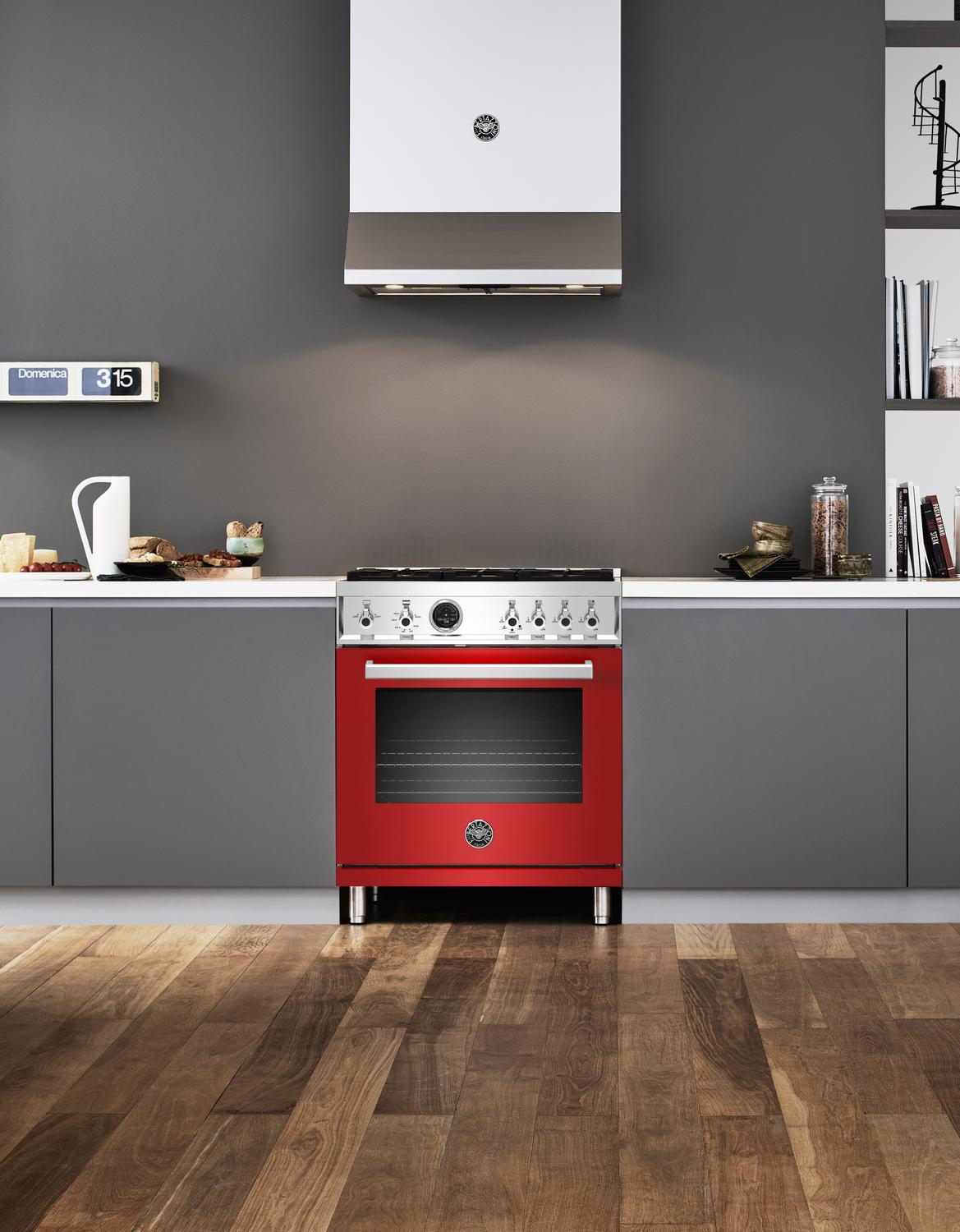 30 inch Dual Fuel Range, 4 Brass Burner, Electric Self-Clean Oven Rosso