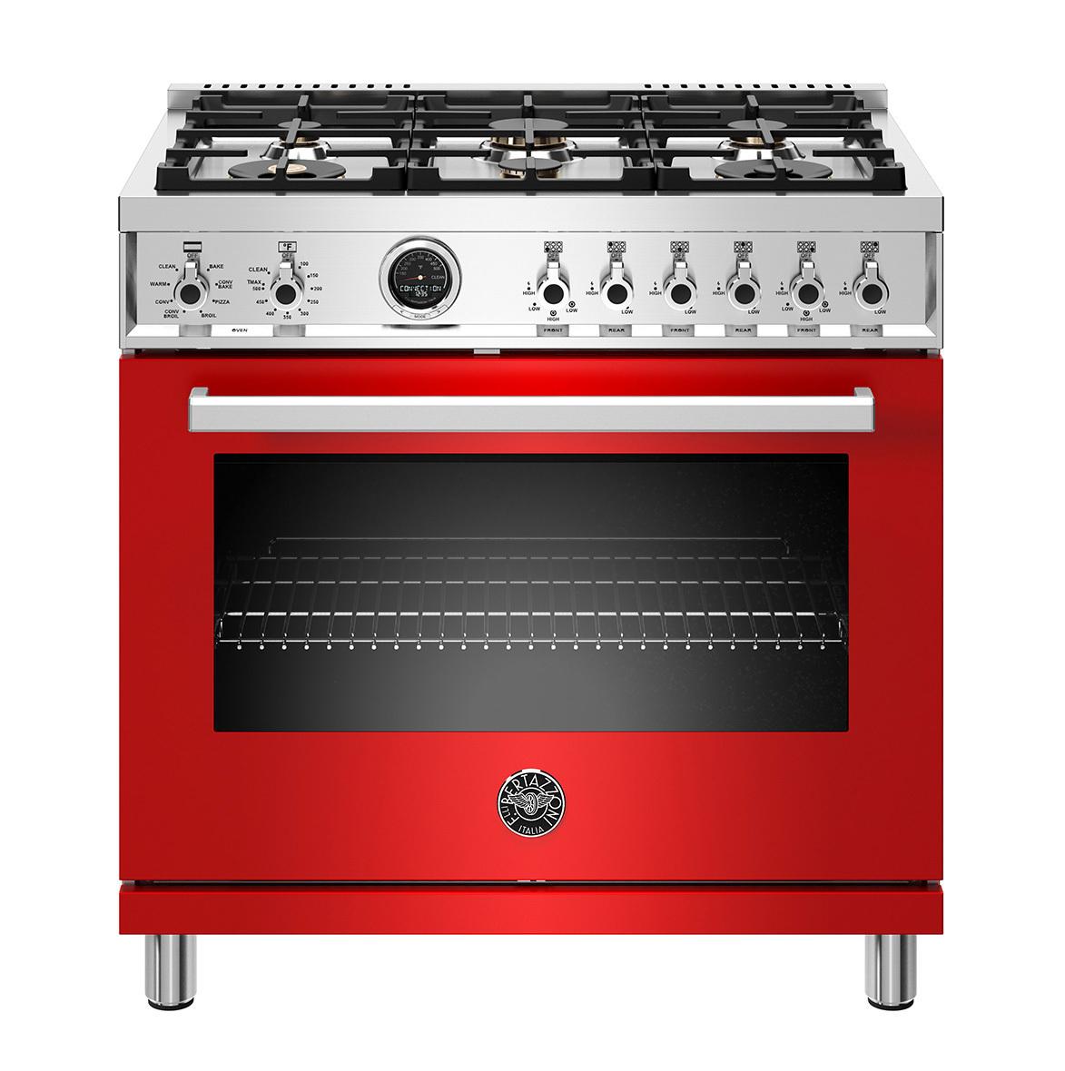 36 inch Dual Fuel Range, 6 Brass Burner, Electric Self-Clean Oven Rosso
