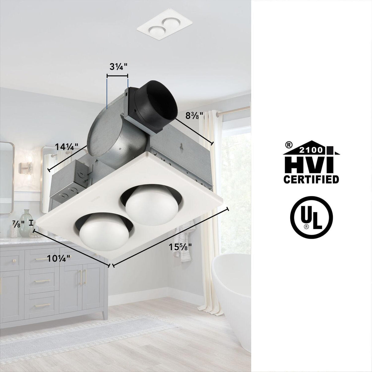Broan-NuTone Two-Bulb Heater/Ventilation Fan 70 CFM, (2) 250W BR40 Infrared Bulbs, 4.0 Sones