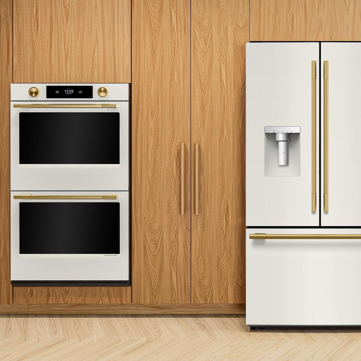 30 Cu. Ft. 36-Inch French Door Refrigerator with Exterior Water and Ice Dispenser and Wood-Look Sliding Tray in Porcelain White