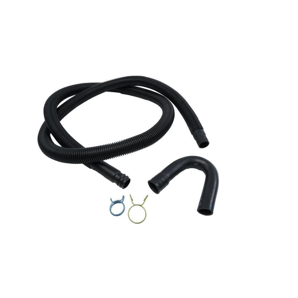 8' Black washer drain hose with molded and straight plastic fittings, U-shape rubber nozzle, and spring clamp - 1 pack