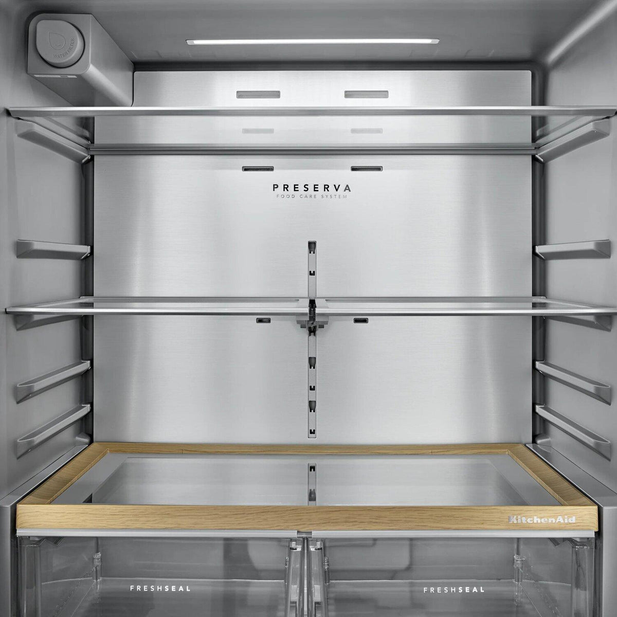 30 Cu. Ft. 36-Inch French Door Refrigerator with Exterior Water and Ice Dispenser and Wood-Look Sliding Tray in Porcelain White