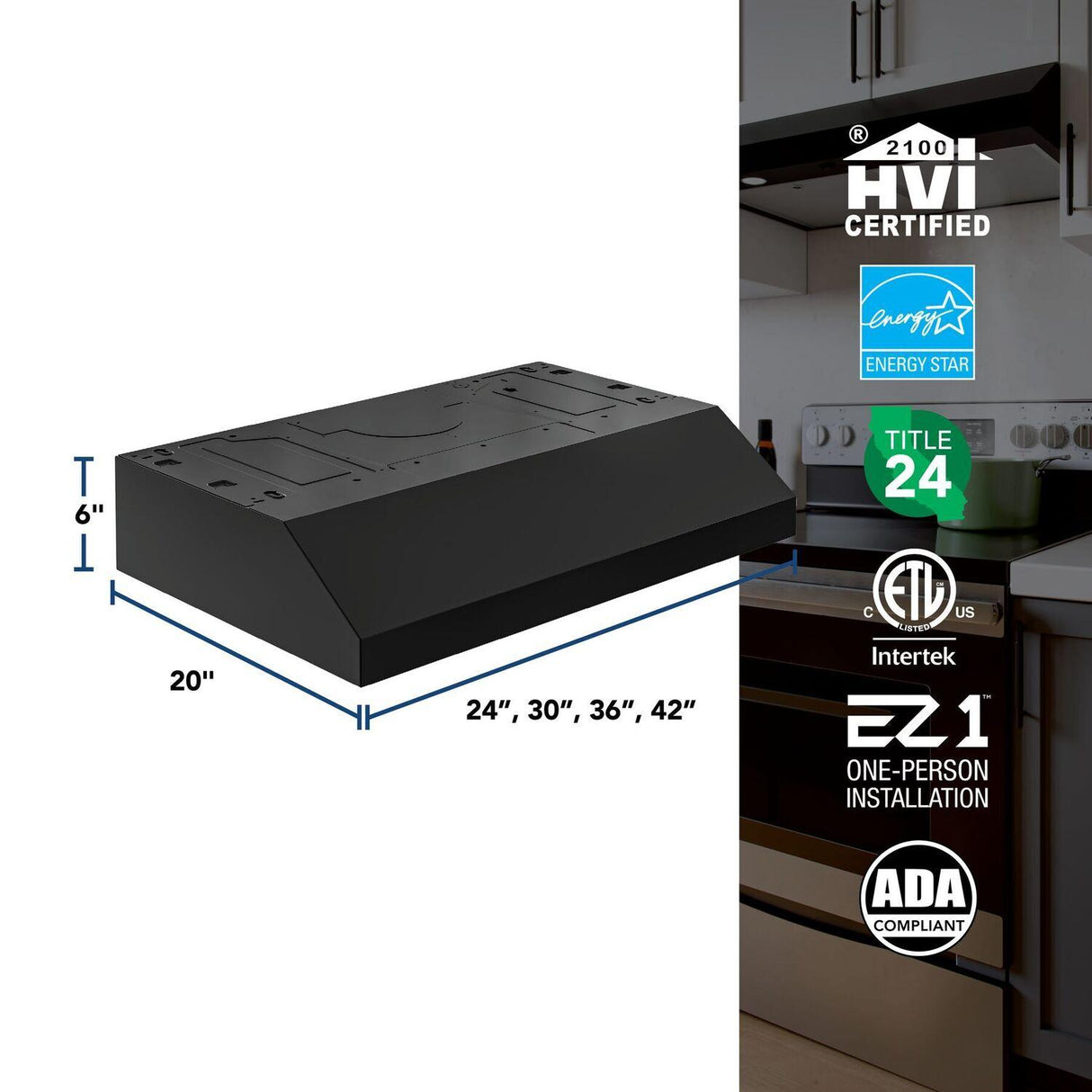 Glacier 42-Inch 350 MAX Blower CFM 1.5 Sones Black Range Hood