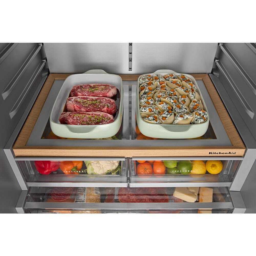 30 Cu. Ft. 36-Inch French Door Refrigerator with Exterior Water and Ice Dispenser and Wood-Look Sliding Tray in Porcelain White
