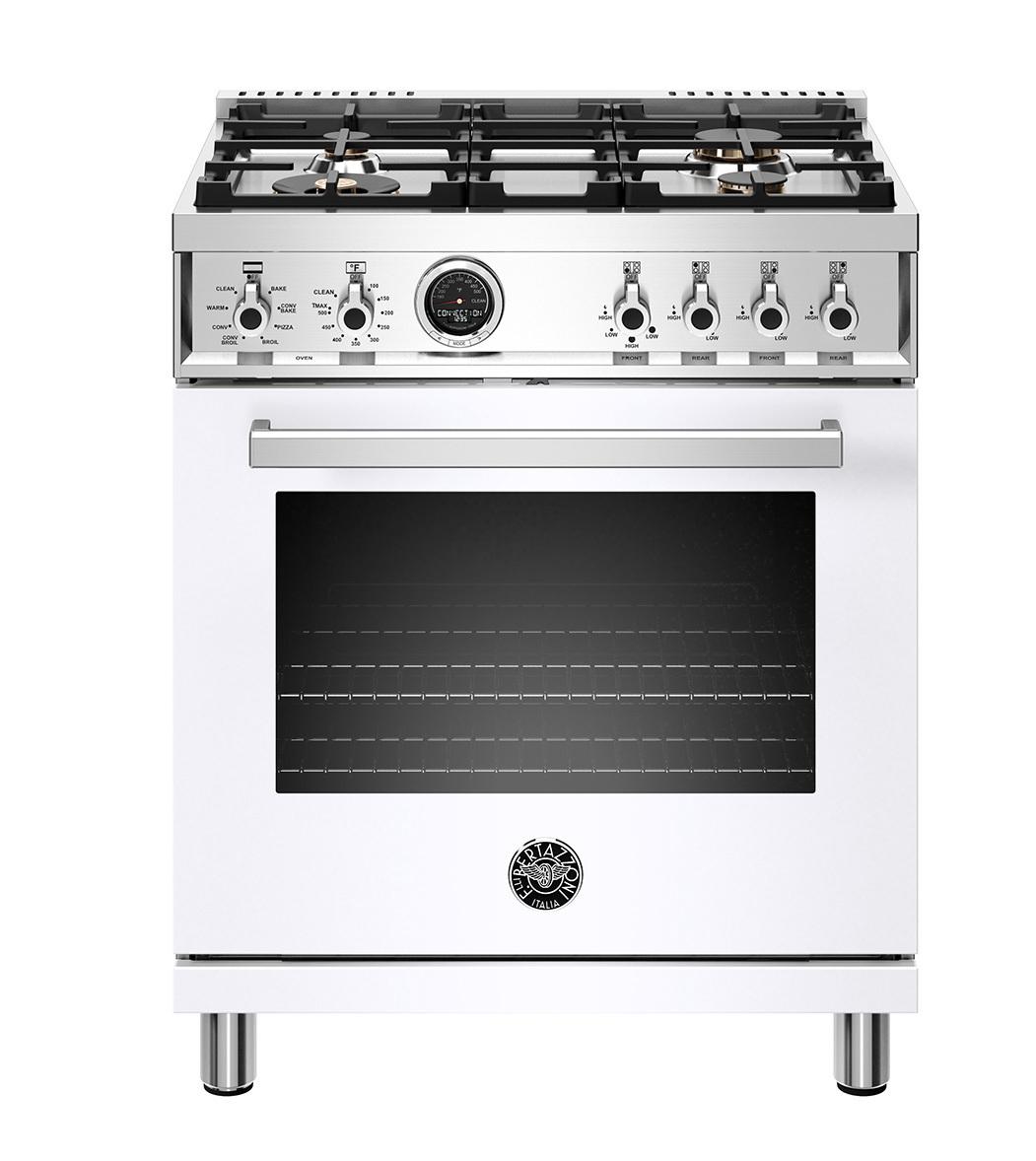30 inch Dual Fuel Range, 4 Brass Burner, Electric Self-Clean Oven Bianco