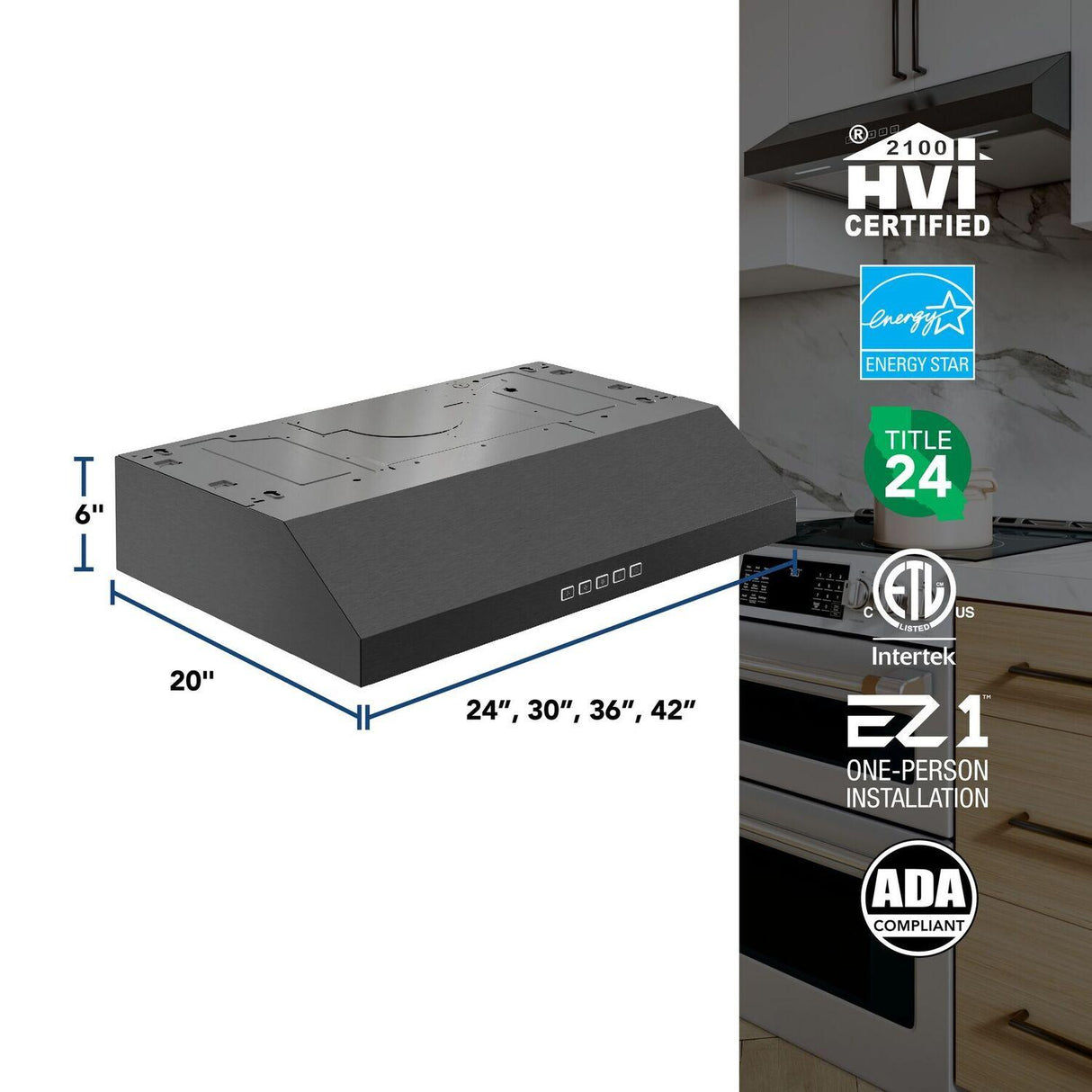 Glacier 36-Inch 350 MAX Blower CFM 1.5 Sones Black Stainless Range Hood