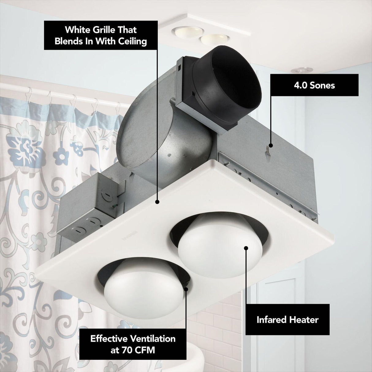 Broan-NuTone Two-Bulb Heater/Ventilation Fan 70 CFM, (2) 250W BR40 Infrared Bulbs, 4.0 Sones