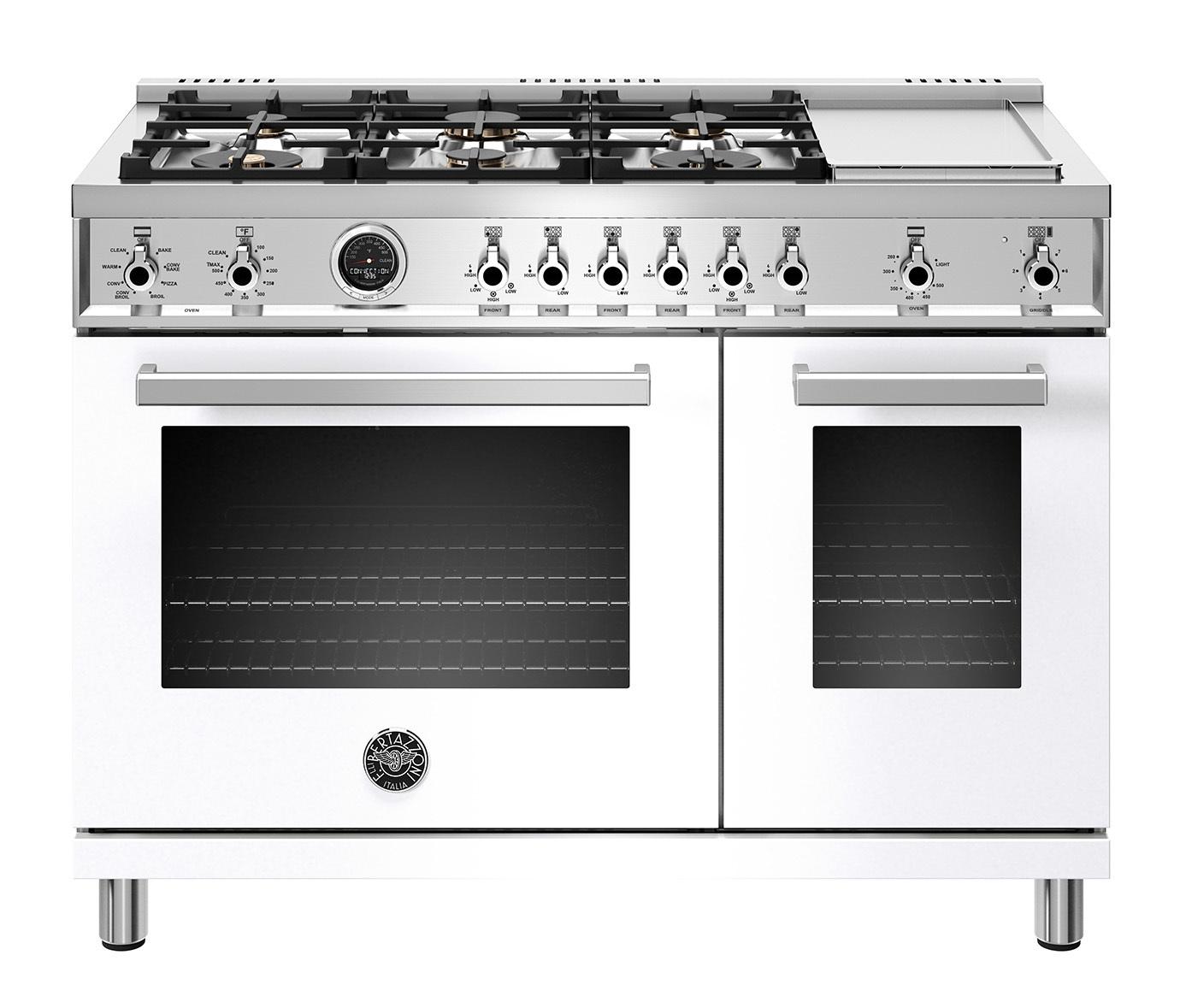 48 inch Dual Fuel Range, 6 Brass Burners and Griddle , Electric Self Clean Oven Bianco