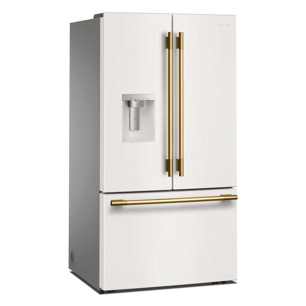 30 Cu. Ft. 36-Inch French Door Refrigerator with Exterior Water and Ice Dispenser and Wood-Look Sliding Tray in Porcelain White