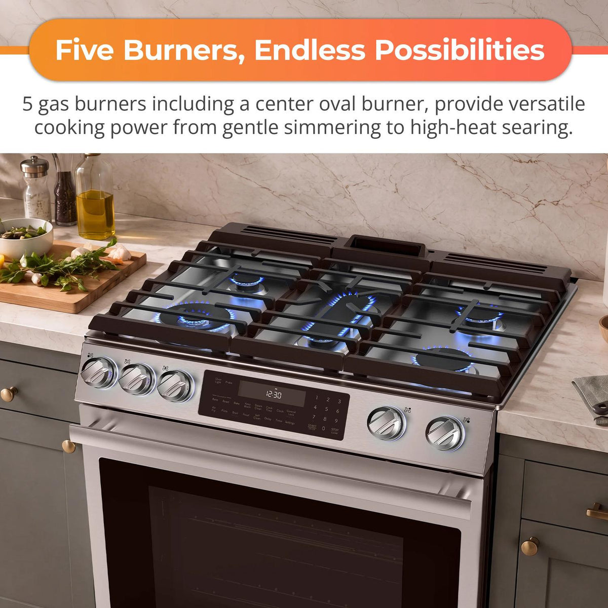 30 in. 5 Burner 6.1 cu. ft. Slide-in Gas Range with True European Convection