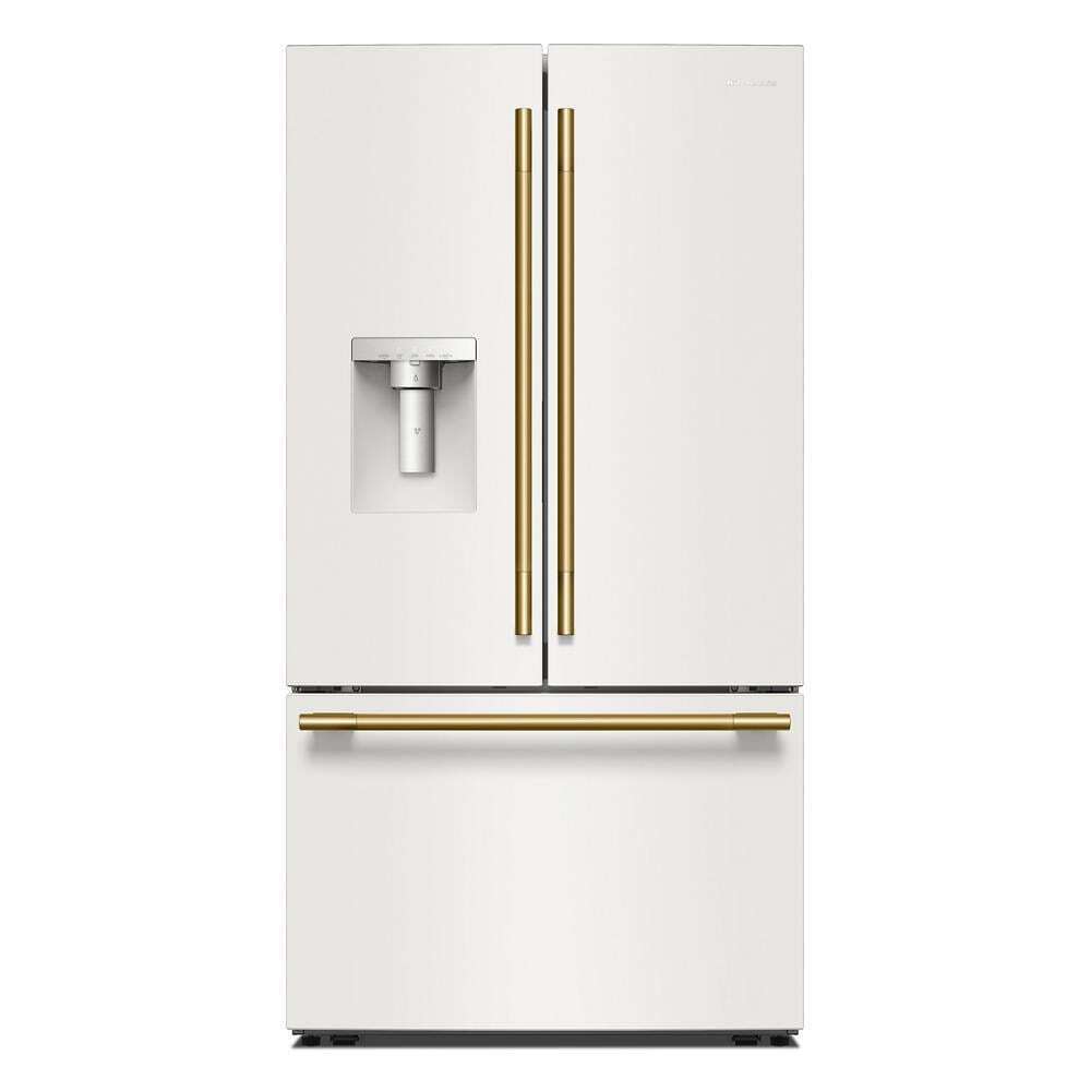 30 Cu. Ft. 36-Inch French Door Refrigerator with Exterior Water and Ice Dispenser and Wood-Look Sliding Tray in Porcelain White