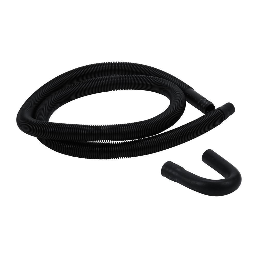 8' Black washer drain hose with molded and straight plastic fittings, U-shape rubber nozzle, and spring clamp - 1 pack