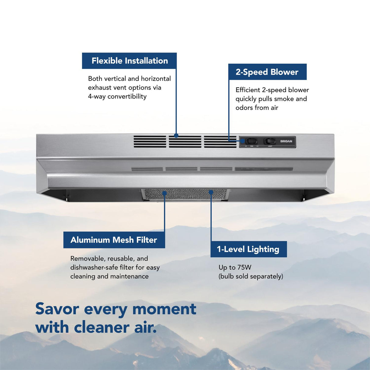 Broan® 30-Inch Convertible Under-Cabinet Range Hood, Stainless Finish with PrintGuard, 230 MAX Blower CFM