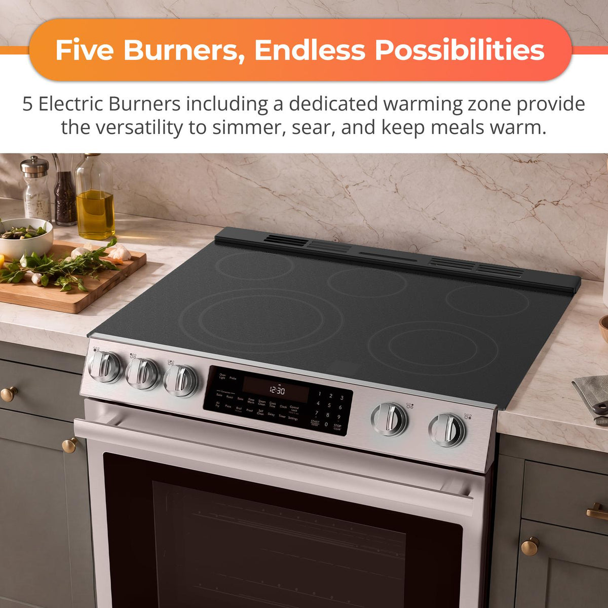 30 in. 5 Burner 6.3 cu. ft. Slide-in Electric Range with True European Convection