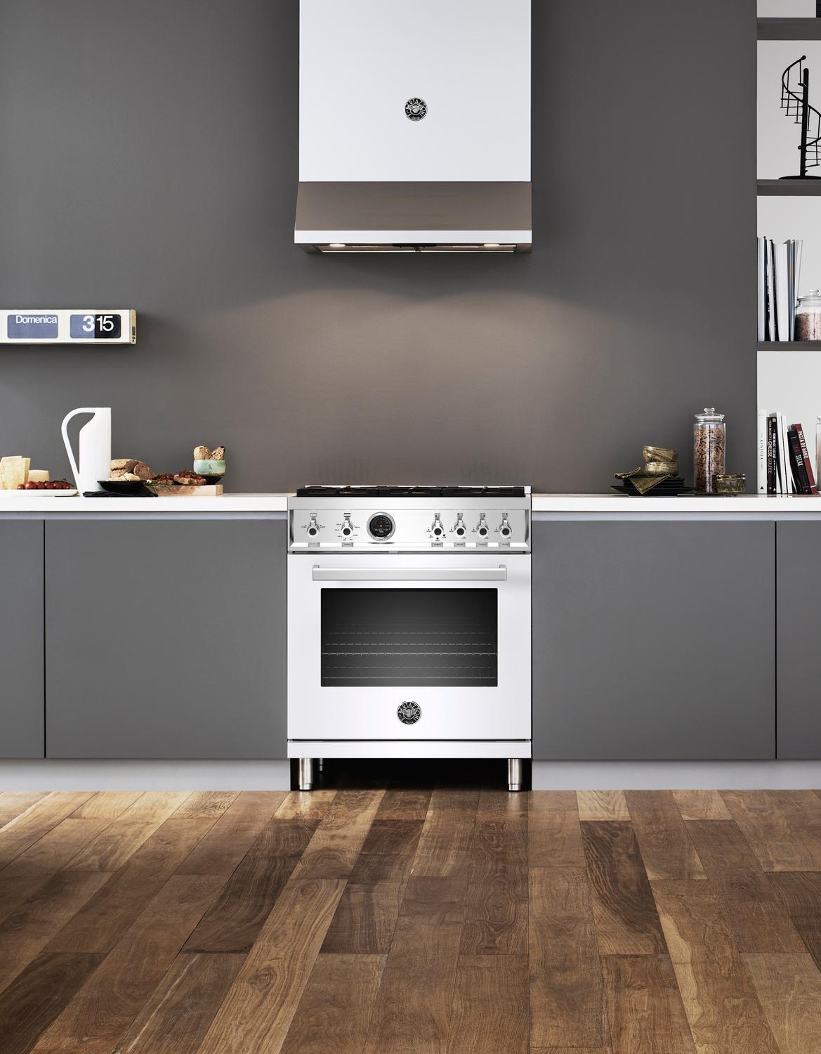 30 inch Dual Fuel Range, 4 Brass Burner, Electric Self-Clean Oven Bianco