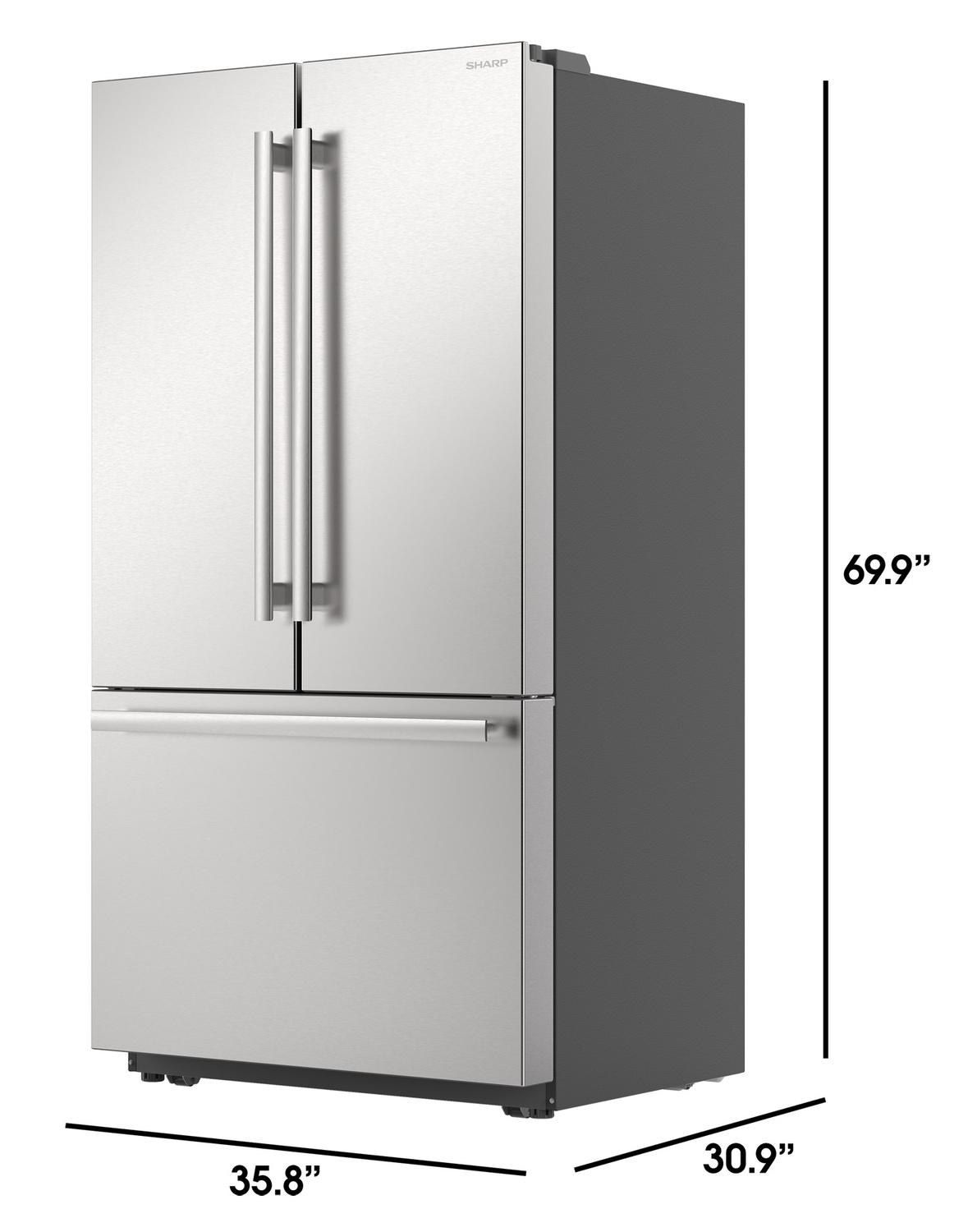 Sharp 26.5 cu.ft. Counter Depth 36 in. French 3-Door Refrigerator with Internal Water Dispenser in Stainless Steel