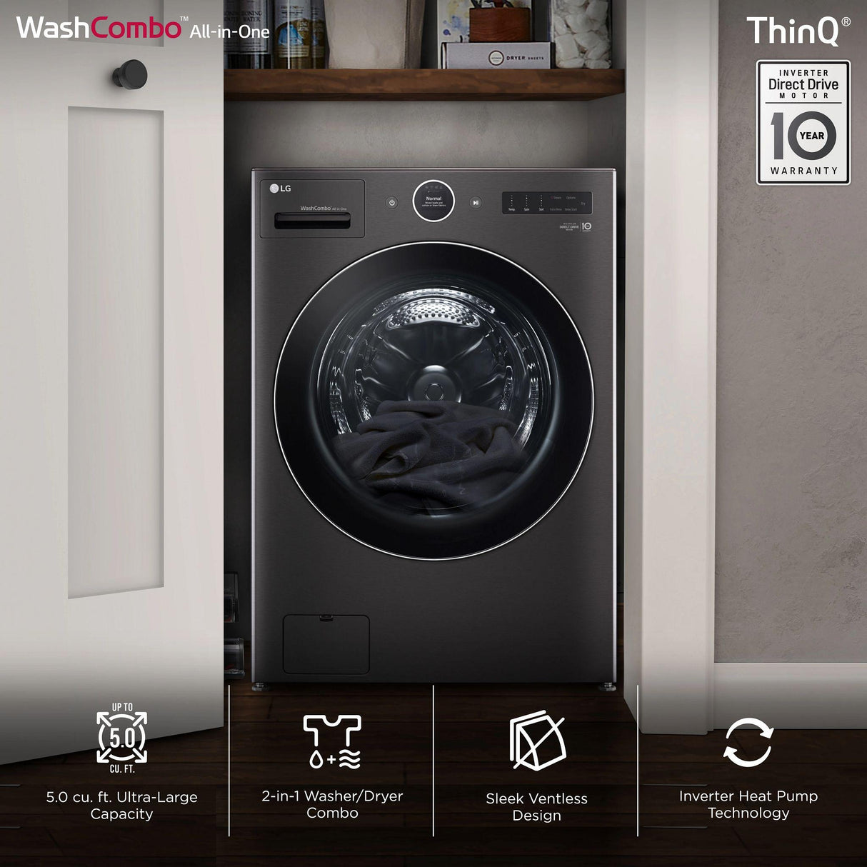 Ventless Washer/Dryer Combo LG WashCombo™ All-in-One 5.0 cu. ft. Mega Capacity with Inverter HeatPump™ Technology and Direct Drive Motor