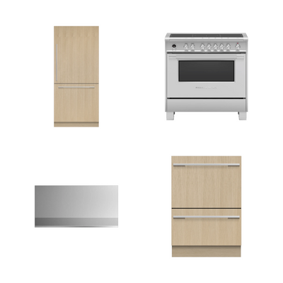 Fisher & Paykel 36" Series 7 Built-In Bottom-Freezer Refrigerator, Series 9 5-Zone Induction Range, Wall Range Hood & Integrated Double DishDrawer Dishwasher