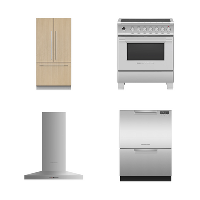 Fisher & Paykel 36" Series 7 French Door Refrigerator Freezer, 30" Series 9 Induction Range, 30" Pyramid Chimney Range Hood & Series 7 DishDrawer Dishwasher