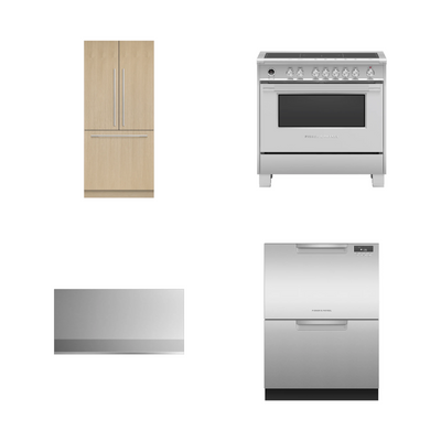 Fisher & Paykel 36" French Door Built-In Refrigerator Freezer, Series 9 5-Zone Induction Range, Wall Range Hood & Built-In Double DishDrawer Dishwasher Bundle