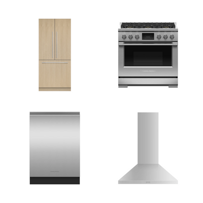 Fisher & Paykel 36" Series 7 French Door Refrigerator Freezer, Series 9 Dual Fuel 6-Burner Range, Built-In Dishwasher & Pyramid Chimney Range Hood Bundle