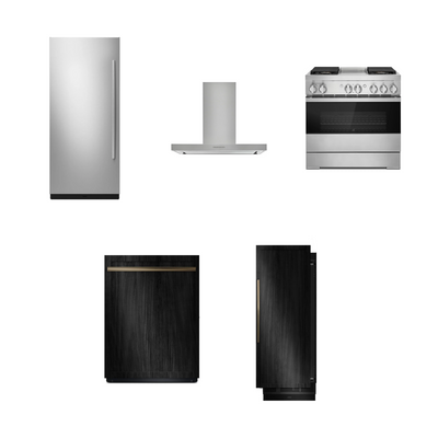 JENNAIR 36" Panel-Ready Refrigerator, 30" Panel-Ready Freezer, 36" Stainless Wall-Mount Hood, 36" NOIR Dual-Fuel Professional Range & 24" Integrated Dishwasher