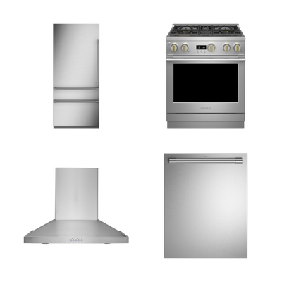 Monogram 36" Panel-Ready Bottom-Freezer Refrigerator, 30" Gas 4-Burner Professional Range, 30" Wall-Mounted Ducted Vent Hood & 24" Integrated Dishwasher Bundle