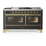 ILVE UM60FSNR3MGG Majestic III 60 inch Dual Fuel Range with 7 Burners, Griddle and French Top, Dual Function Burner with up to 25,000 BTU (Natural Gas, Triple Glass Door, Graphite Matte, Brass)