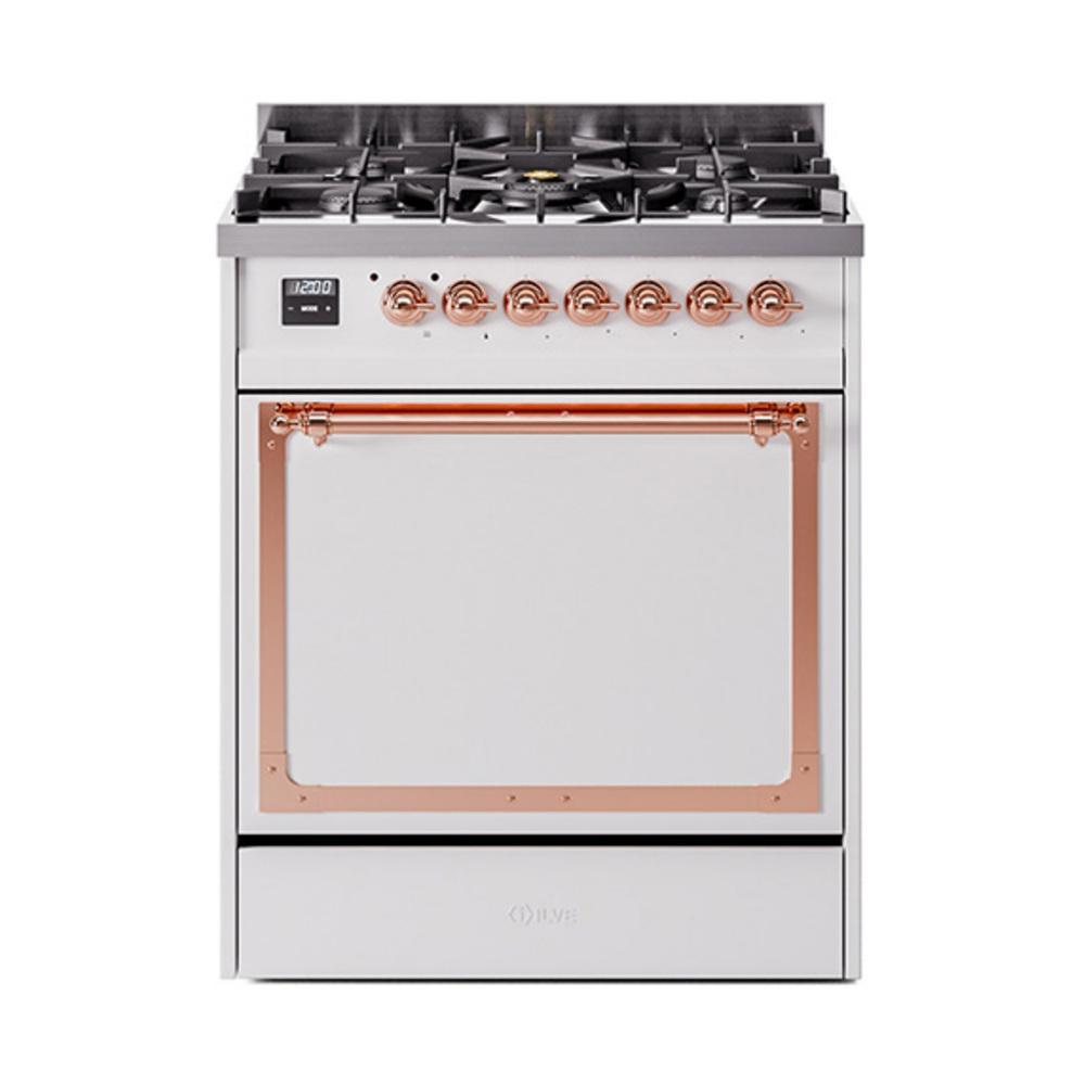 ILVE UN30QNMPWHP Nostalgie II Noblesse 30 inch Dual Fuel Range (Natural Gas, Solid Door, White, Copper)