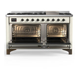 ILVE UM60FQNR3AWBLP Majestic III 60 inch Dual Fuel Range with 9 Burners and Griddle, Dual Function Burner up to 25,000 BTU (Liquid Propane, Solid Door, Antique White, Burnished)